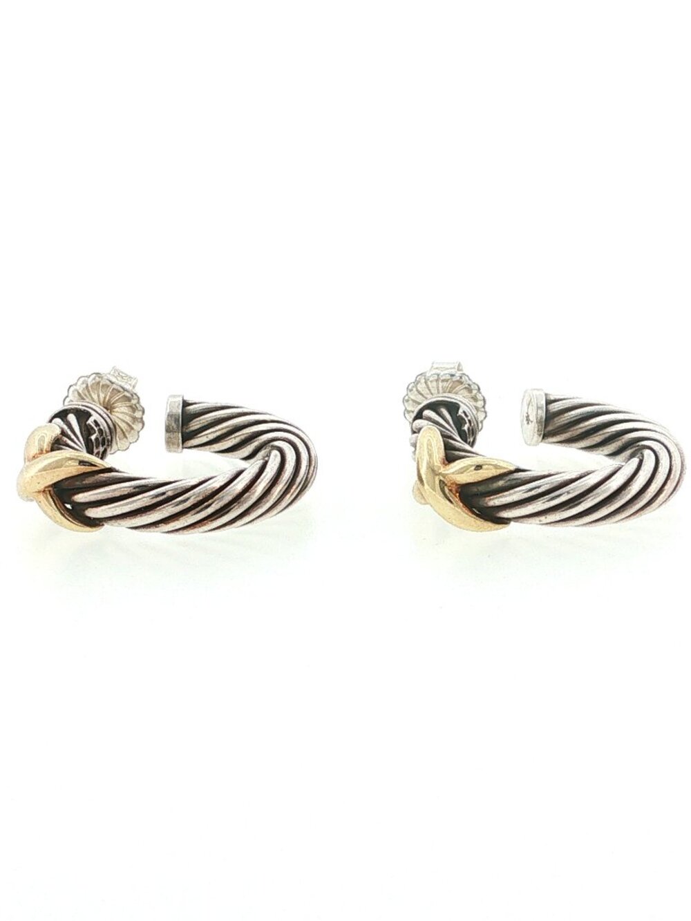 David Yurman 925 Silver and 14K Gold X Cable Hoop Earrrings - Picture 5 of 5